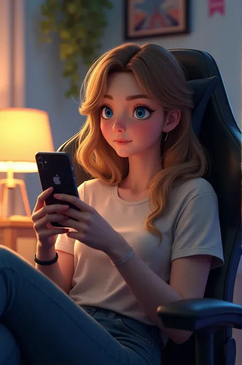 A 20-year-old female character with blond and brown hair and deep blue eyes, sitting on a gaming chair and holding a phone 