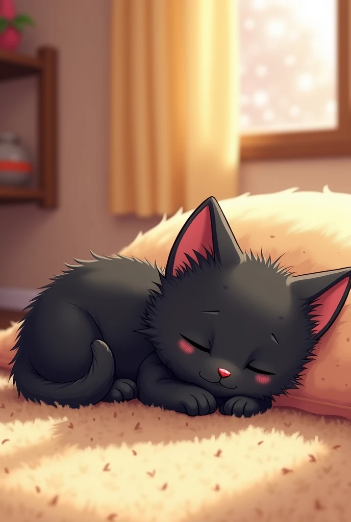 Cartoon，Black kitten sleeping on the floor