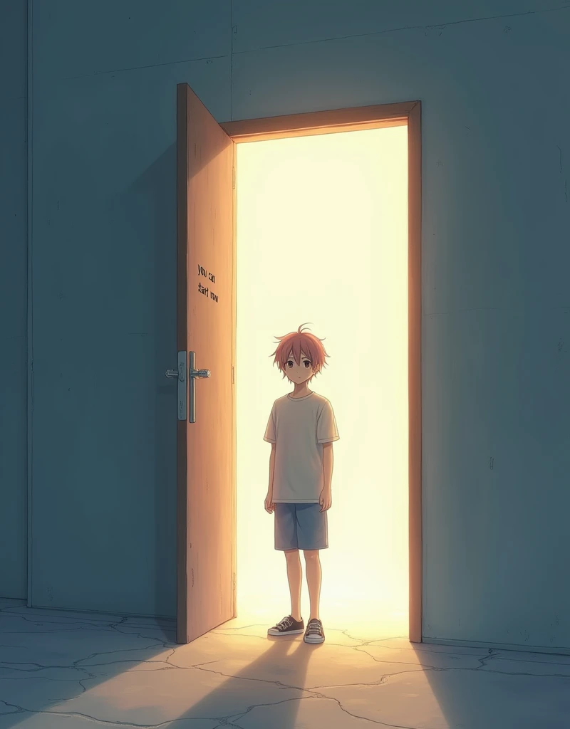 "A anime boy character standing at a door with a glowing light coming through, symbolizing a new opportunity, with You Can Start Now written on the doorframe."
