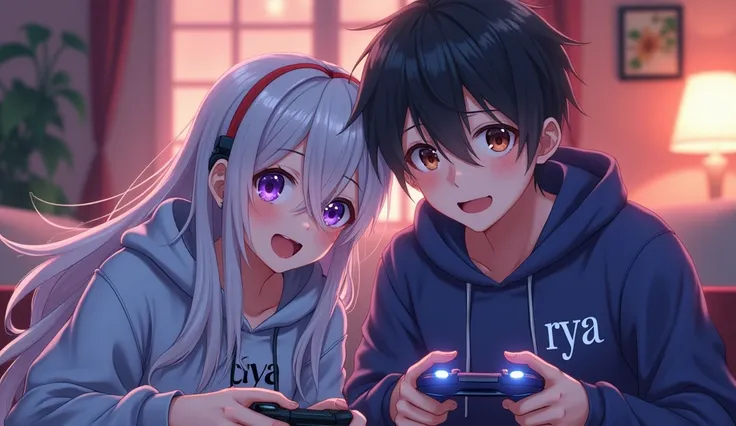 Screencap anime, a girl with long white hair and violet eyes with a man with black hair and brown eyes. The man use hoddie the write "Ciya". And the girl use hoddie who the write "Ryy". They playing video game together.