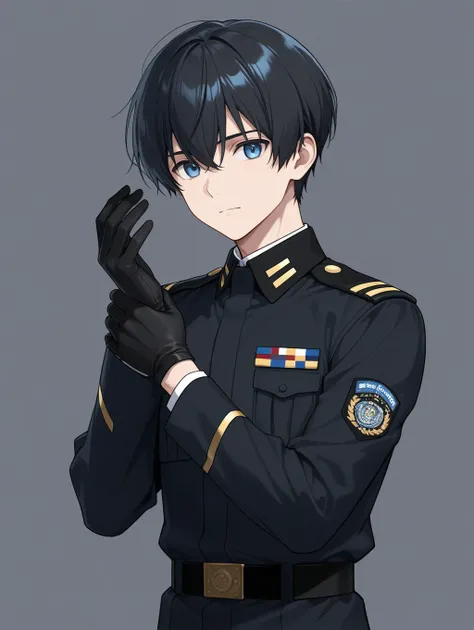 1 male, 19 years old, bright blue eyes, short black hair, wearing a black commanders uniform. Wear black gloves. high quality gray background