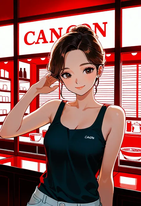  European brunette girl  (1 Cute Korean Actress),  tank top, At a ramen shop, smile, Canon EOS, 