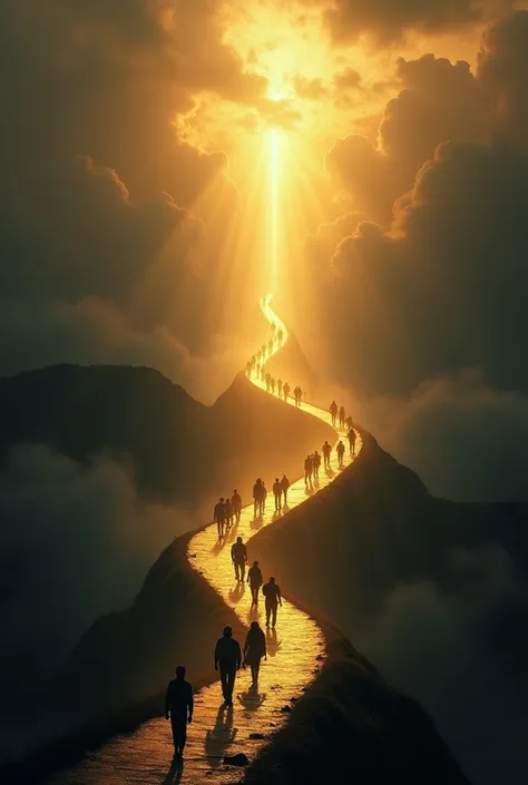  A symbolically powerful scene of people walking ,  in a dark and golden art .  The landscape is shrouded in darkness ,  with dense clouds and a mystical atmosphere .  A long and sinuous path extends ahead ,  partially illuminated by rays of golden light t...