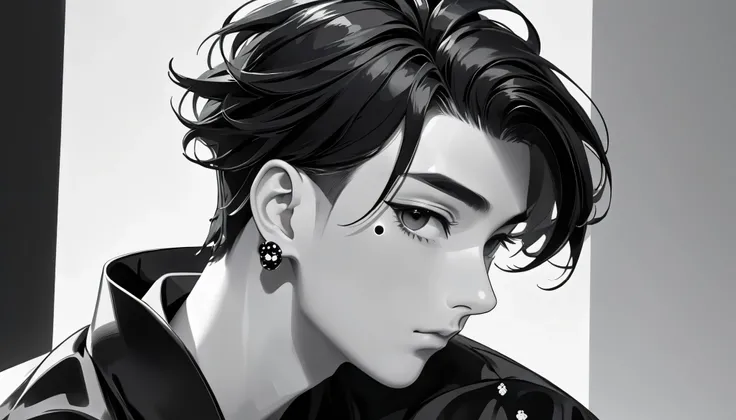 He turn to right.minimalist black and white cartoon-style male character with a profile。 Characters 、 The side undercut and wavy top section Create a characteristic 、 a clean, modern hairstyle 。 On the shaved side of the head 、 has small decorative dots to...