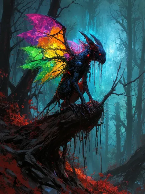 A melancholic turpistic whimsical creature with wings made of rainbow-tinted cobwebs perched atop a leafless tree in an abstract forest where the sky weeps crystal teardrops that shatter into a mosaic of forgotten colors upon reaching the barren ground, (o...