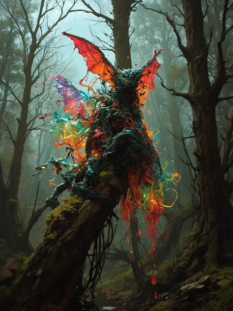 A melancholic turpistic whimsical creature with wings made of rainbow-tinted cobwebs perched atop a leafless tree in an abstract forest where the sky weeps crystal teardrops that shatter into a mosaic of forgotten colors upon reaching the barren ground, (o...