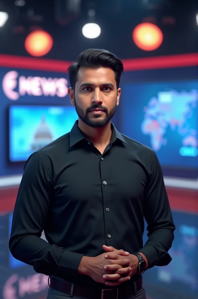 A indian News anchor, wearing black shirt, in a news studio theme, hyper realistic, social media 