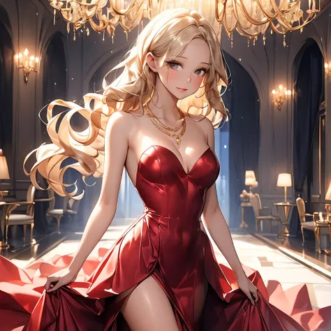  In the center of an elegant room illuminated by soft golden light ,  a woman stands out for her captivating presence .  Her tight red dress , of shiny silk ,  she embraces every curve of her figure with a grace that seems to be sculpted to measure . The d...