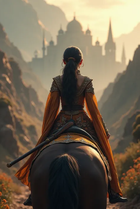 a girl in coatume riding a horse going far away and only their back in showing with high angĺe and the background is intense and a kingdom on the background 