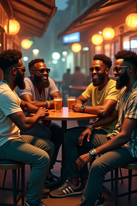 Young bearded africans men chilling at the bar, street wear, group 