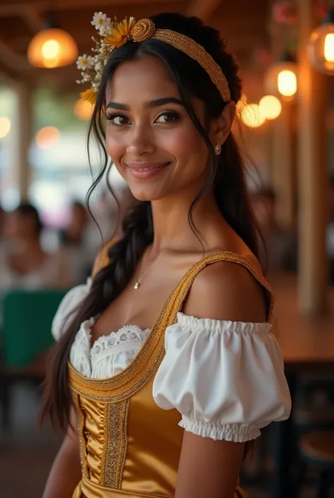 Realistic upper body portrait of a young Indian man aged 23 with long hair, pony tail, hairband, smile. She poses in front of the camera in a short green off shoulder Satindirndl with a satin apron..., oktoberfest,glamour fotoshooting, Wedding celebration,...