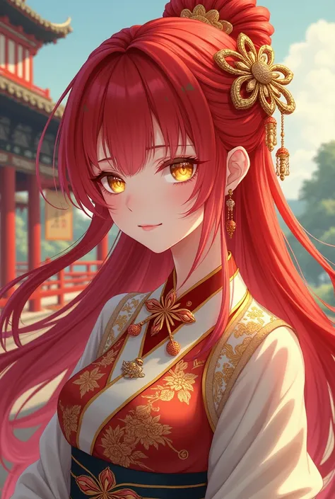 Anime girl with red hair and yellow eyes Wearing ancient Chinese 