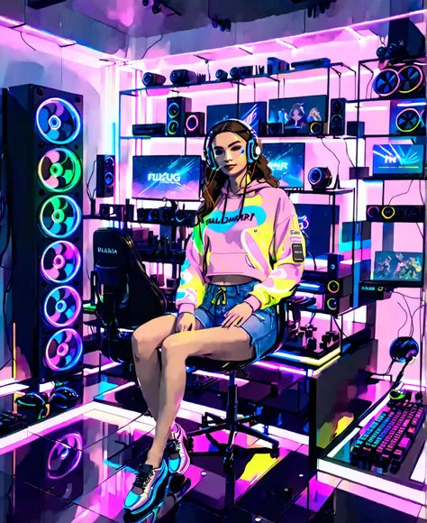  Photorealistic portrait shot Long plan for Instagram , full length ,“Night Stream” :  A girl wearing large headphones is sitting at a stylish RGB computer with a mechanical keyboard.  Neon , такие как “Game On” или “GG”.  The room is filled with soft ligh...