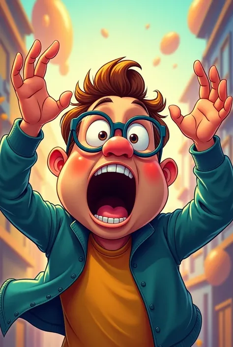 "A cartoon-style image of a surprised man with glasses, mouth wide open as if shouting or exclaiming, with expressive hand gestures. The background is abstract and colorful, but no specific objects or text are included. The man is not holding a phone."