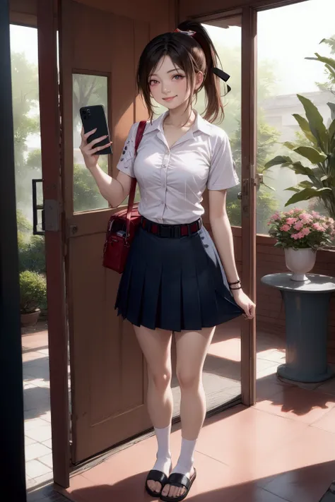 young woman, smiling with teeth, standing posed, in front of door, garden outside, holding a smartphone ,  (+forehead, ponytail, black hair), white short puff sleeves blouse shirt, dark navy-blue skirt with belt, white socks, black sneaker sandals, red bag...