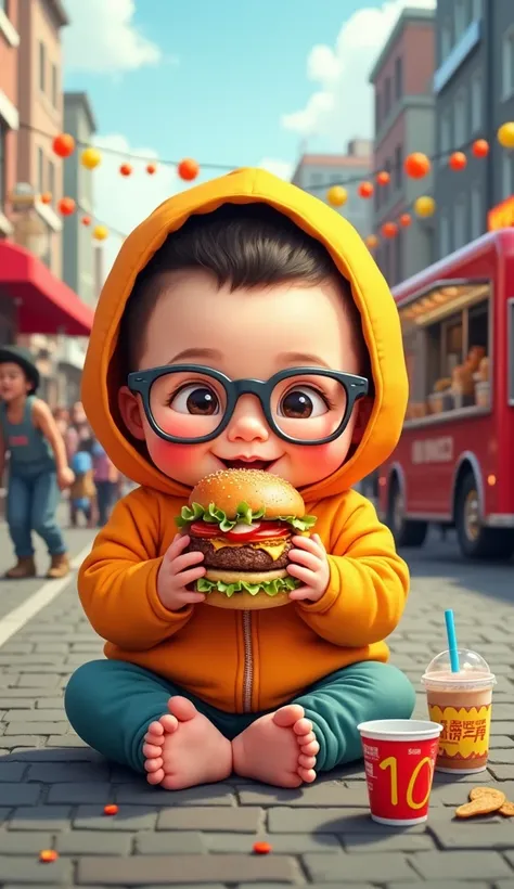 A cartoonish depiction of a Chinese baby, 100 kg and only 3 months old, in a vibrant urban setting. The baby, wearing a bright hoodie and stylish colorful glasses, sits cross-legged on the pavement, devouring a 10 kg burger other food cold drink. The backg...