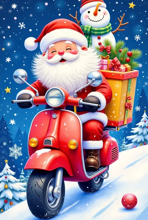  Santa Claus  on a scooter with a christmas tree and snowman,  Santa Claus ,  Santa Claus e, 