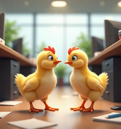 Two chicks meet each other in a nearby office