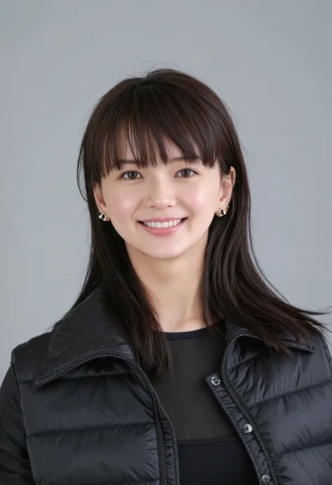 young Japanese woman、 tabe mikako、black hair、 ear piercing、Smiling Face Showing Teeth 、、 beautiful alignment of teeth、 black down jacket、Gray background