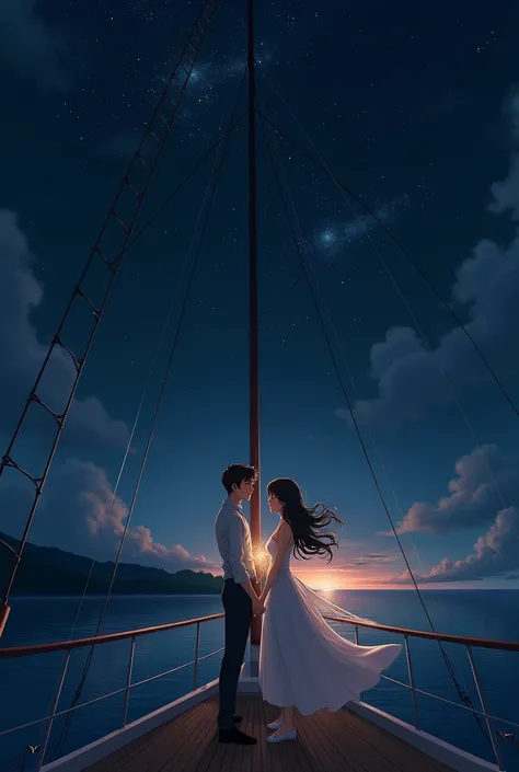 a man and a woman in a white dress are sailing on a ship looking forward, stars are shining in their arms holding ren