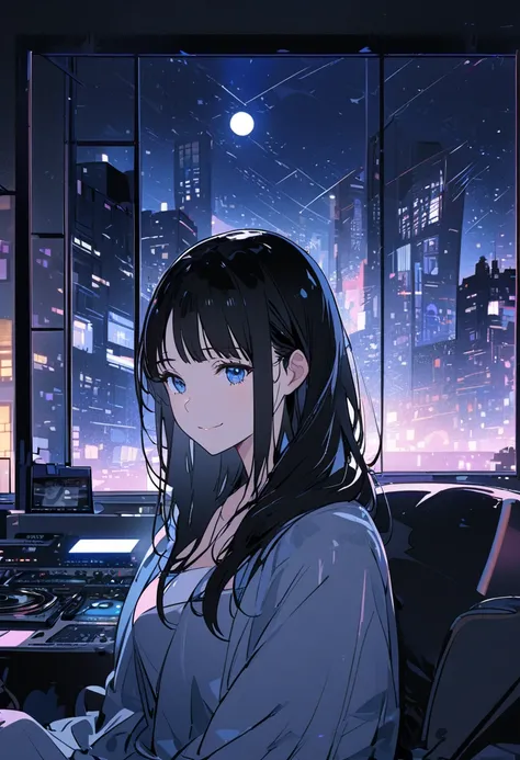  One Beautiful Woman, Alone, A gentle smile on her face , Black Hair,  blue eyes, Beautiful depiction, woman sitting in front of her computer in her cozy bedroom,  woman listening to music in cozy room  (night),  close-up of the face of a , (beautiful nigh...