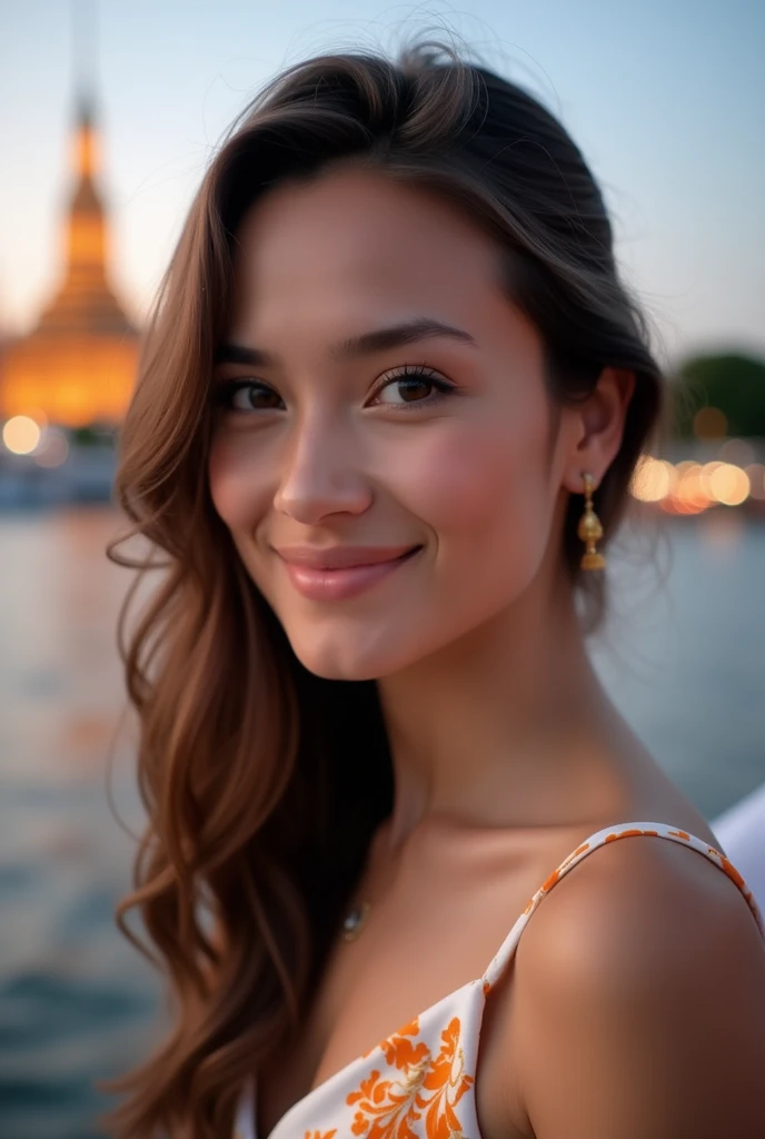 Beautiful Thai woman with brown hair highlighted in gray, fair skin looking at the camera wearing a white silk dress with a tropical orange and gold pattern enjoying a boat trip on the Chao Phraya River with the Grand Palace in the evening with beautiful t...