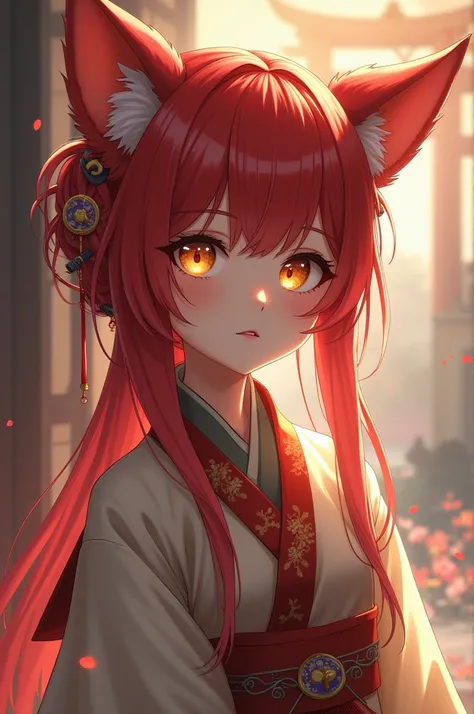 Red haired anime girl with red fox ears and yellow eyes wearing an ancient Chinese dress