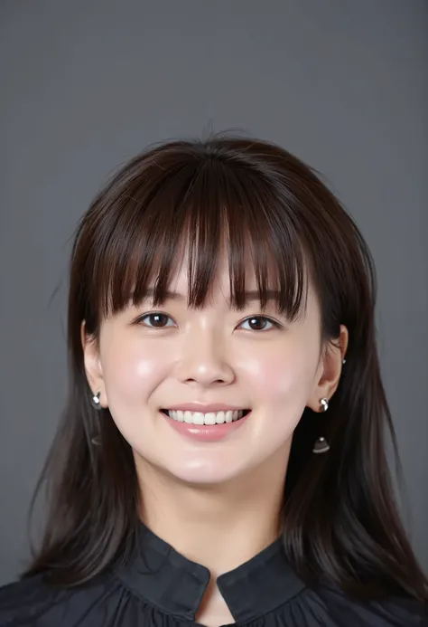 young Japanese woman、 tabe mikako、black hair、 ear piercing、Smiling Face Showing Teeth 、、 beautiful alignment of teeth、 black down jacket、Gray background
