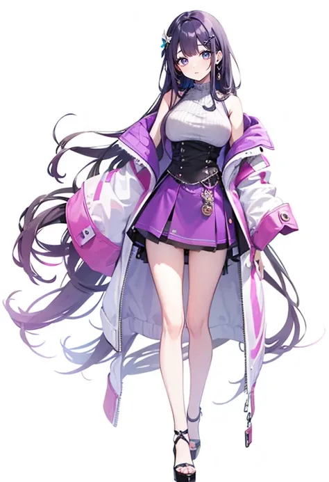 purple hair girl,long hair,((Oversized jacket with visible shoulders)),simple white  background,smile,whole body,full body,full body,Standing picture,