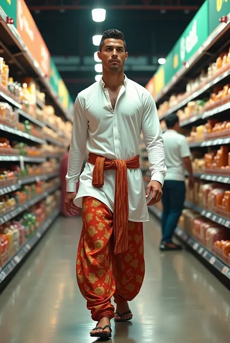 create an image of christiano ronaldo wearing dhotiand kurta and buying groceries in a super market