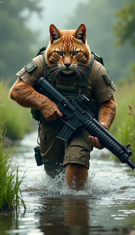 A giant cat dressed in military clothing, was walking in the middle of a deep river while carrying a long-barreled weapon against the background of a river full of wild grass.