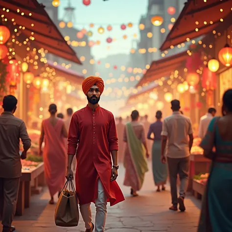 "An Indian market during the festive season, bustling with activity. Shops are adorned with colorful decorative items, including fairy lights, paper lanterns, and flower garlands. A young man in his late twenties, dressed red kurta and white pant, Sardar p...