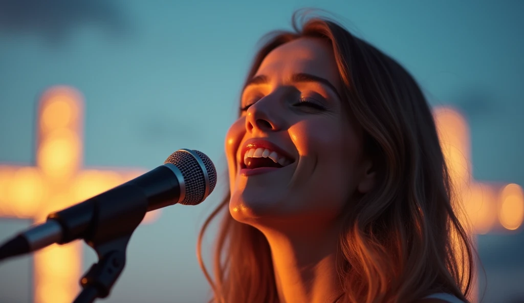 close up a woman passionately singing into a microphone, framed against a serene background with a sky of soft blue hues and glowing crosses, symbolizing faith or spirituality.  The warm lighting on the singer adds a sense of intimacy and devotion, alignin...