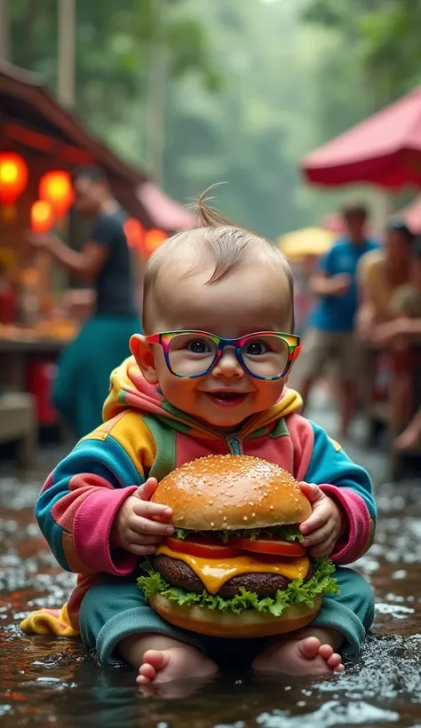 A comically exaggerated baby, 3 months old and 100 kg, sits in jungle water fall . The baby is dressed in an oversized colorful hoodie and colorful  glasses, enjoying a giant 10 kg burger with a carefree smile. The background is filled with vibrant food st...