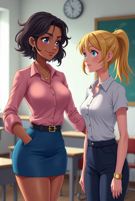 
With two two characters 

Description of the teacher
35 years old Hispano-American brown skin
Blue miniskirt short wavy hair black belt pink blouse sexy and serious expression anime style . 

He introduces his students to the new student a sexy girl in a ...