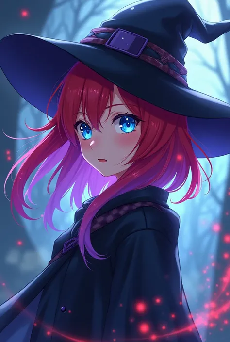 Anime girl with red gradient hair with purple tips and blue eyes is a witch.