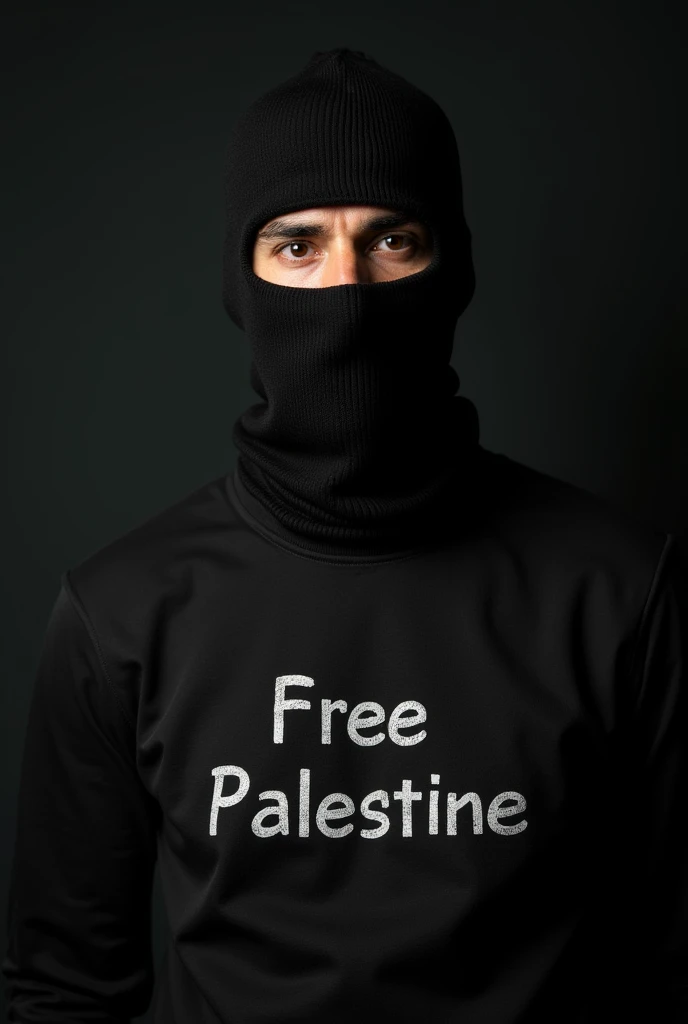 I want an image of a man wearing balaclavas  , with a full black sweatshirt that says Free Palestine but in Arabic 