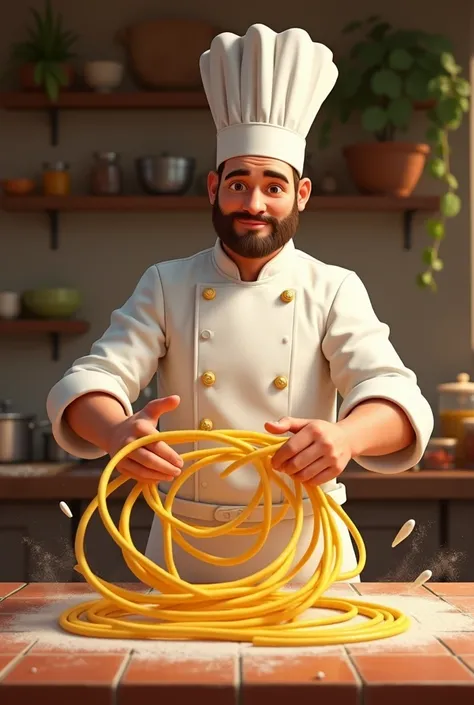 I want to create an image of an Italian chef spinning noodles 