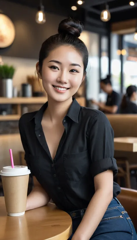 A photorealistic portrait of an 25-year-old asian girl with captivating beauty, her hair styled bun black, dressed in a simple black shirt and jeans that highlight her natural beauty. Big . The background should depict a relaxed coffee shop setting, with s...