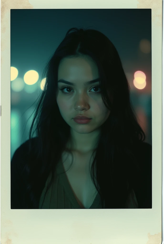 polaroid photo, night photo, 24 year old  chubby beautiful woman with pale skin, bokeh,fake smile beaty,cat eye look, long black hair,motion blur, high quality, 8k, photorealistic, professional photography, cinematic lighting, dramatic chiaroscuro, moody a...