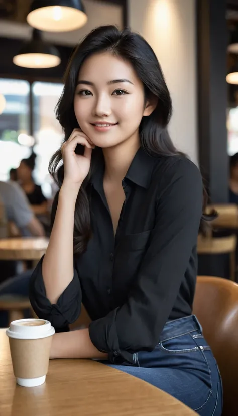 A photorealistic portrait of an 25-year-old asian girl with captivating beauty, her hair is black, dressed in a simple black shirt and jeans that highlight her natural beauty. Big . The background should depict a relaxed coffee shop setting, with soft ligh...