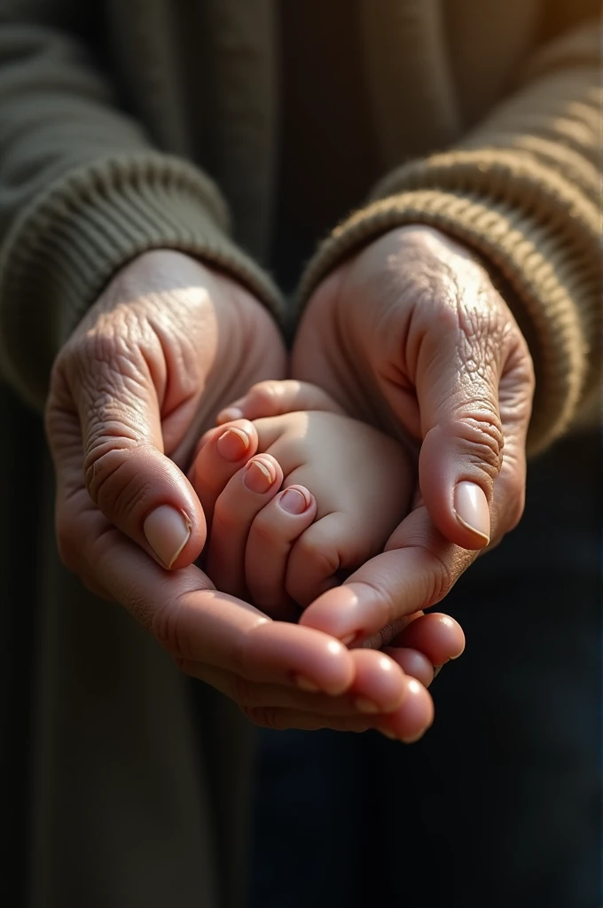 Ultra-realistic depiction of A pair of old, wrinkled hands gently holding a small s hand, showcasing love and care, soft natural light, emotional warmth, realistic close-up, blurred background, symbolic of generational bond