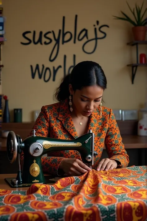 Create a fashion house CEO sewing an African print dress on a sewing machine with a wall inscription saying “Susyblaj’s World”