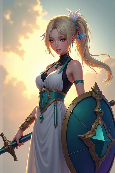 Appearance:
Hair is a mix of blonde and light blue, tied back with a white and red ribbon, and adorned with white feathers.
Wearing a white and light blue dress with a white collar, a light blue sash around the waist, and dark green accents.
The dress has ...