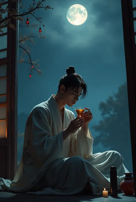 China Moon Hanfu Young man Drinking alcohol Sitting indoors Lonely atmosphere