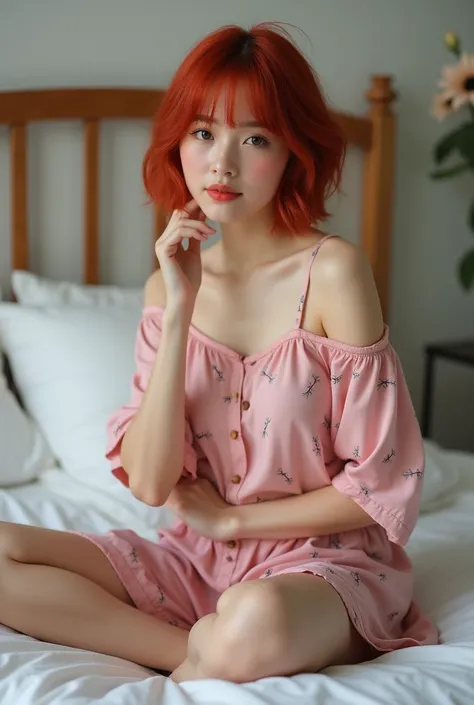 There is a woman sitting on a bed wearing a pink floral pajamas, red-haired girl, beautiful red-haired woman, red-haired woman, young red-haired girl, short bright red hair, red hair and attractive features, Anna Nikonova aka Newmilky, red-haired girl, red...