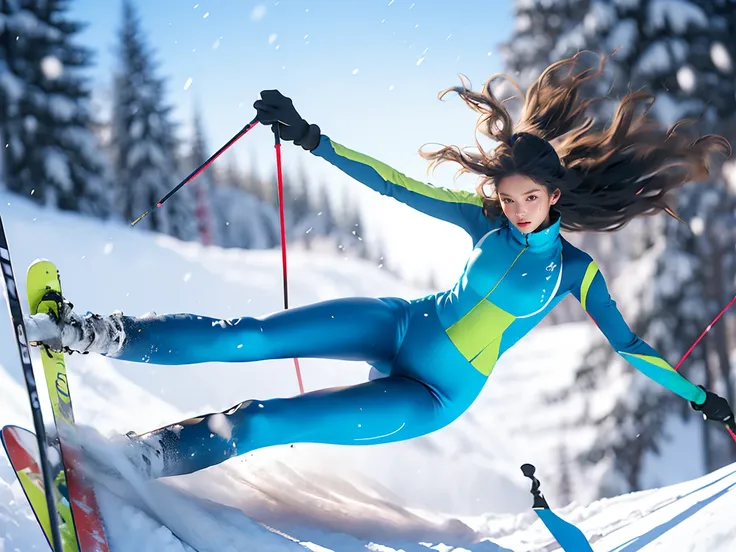 side view，Epic CG masterpiece style, full-body photo. A girl in fluorescent bright-blue leggings is skiing at high speed. She has a slim body, long legs, and skinny legs. Her sports pose is dynamic with speed lines around her. The scene is rendered in 8K w...