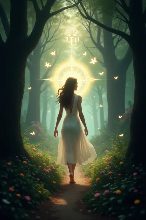  A scene where a spiritual woman walks in a magical forest,  surrounded by luminous symbols with 22 written:22, 11:11 and butterflies flying around .  The atmosphere is soft and mysterious . 