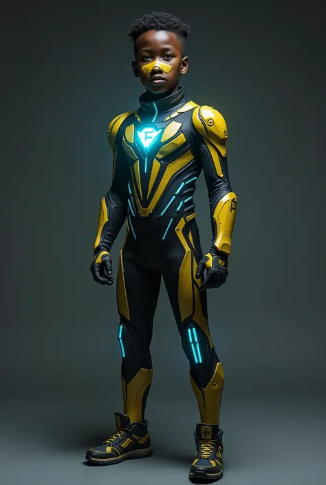 "Design a sleek, futuristic superhero suit won by a  African American boy. The suit has a dark matte yellow base and glowing electric blue or neon green accents. The suit features reinforced sections on the chest, forearms, and knees for protection and mob...