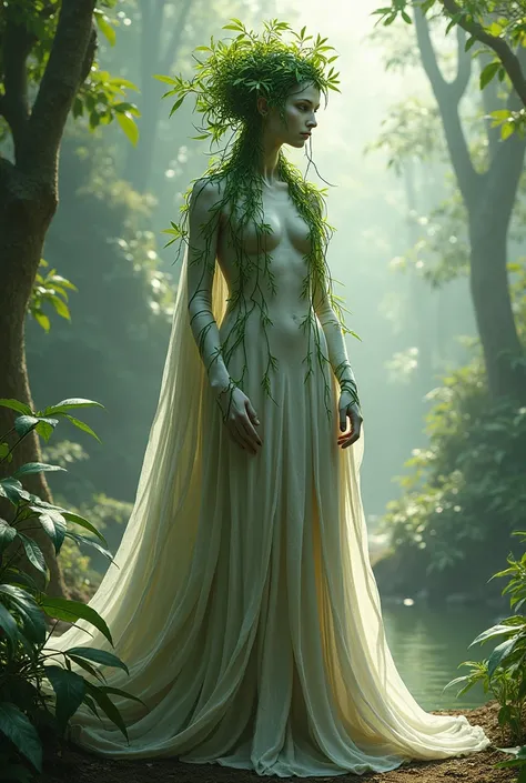 Vegetation spirit, slender, regal appearance, skin made of white bark, no face, slicked back hair made of foliage, long cloak made of foliage